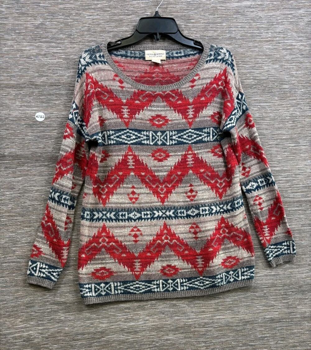 Denim & Supply Ralph Lauren Sweatshirt Size S Red Geometric Western Long Sleeve